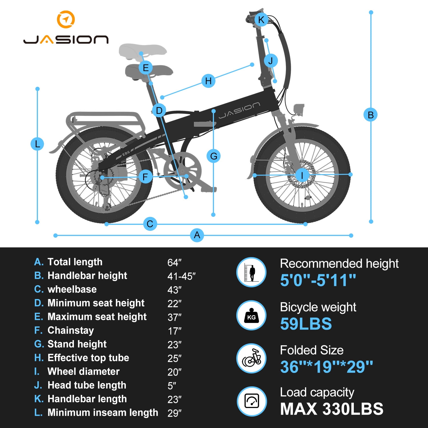 Jasion EB6 Electric Bike for Adults, 1000W Peak Motor Folding Ebike with 48V Removable Built-in Battery, Up to 50 Miles, 20" Fat Tire Foldable Electric Bicycle, UL 2849