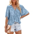 thumbnail image 1 of Txlixc Blusa informal para mujer, cuello en V, manga acampanada, textura de flores, botones, camisa suelta con volantes para mujer Txlixc  Moda, 1 of 5