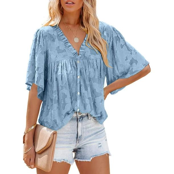 Sunloudy Blusa informal para mujer, cuello en V, manga acampanada, textura de flores, botones, camisa suelta con volantes para damas Sunloudy S M L XL XXL