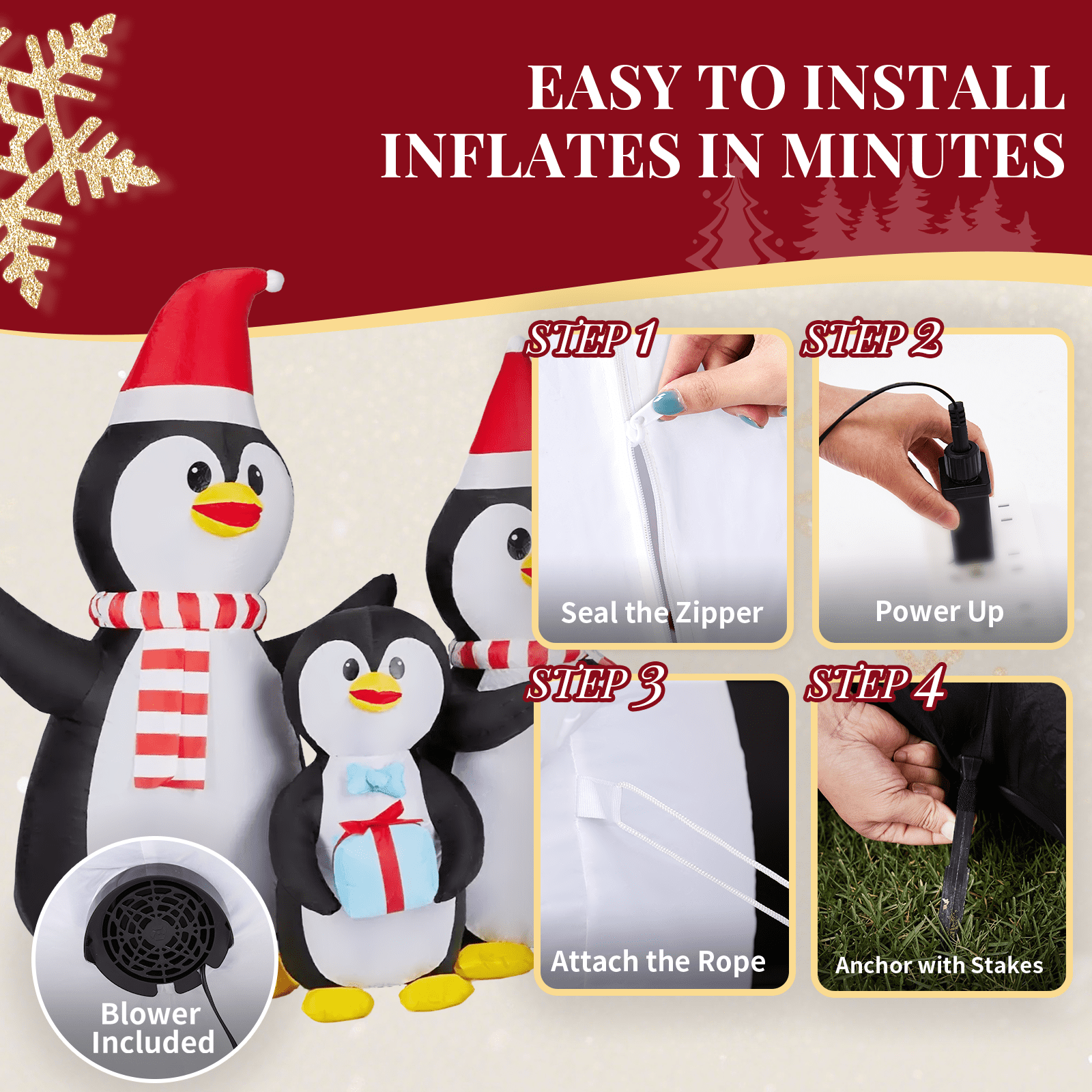 Astoutdoor 6 ft Lighted Christmas Inflatable Decoration, Penguin Family Blow Up Yard Decor with Built-in LED Lights