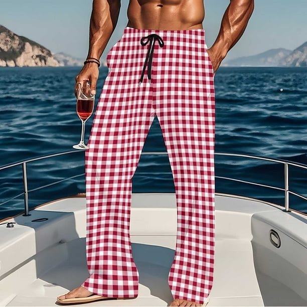 Pantalones de pijama largos para hombre, informales, con estampado a cuadros, holgados, deportivos, elásticos, rectos, vintage, con bolsillos