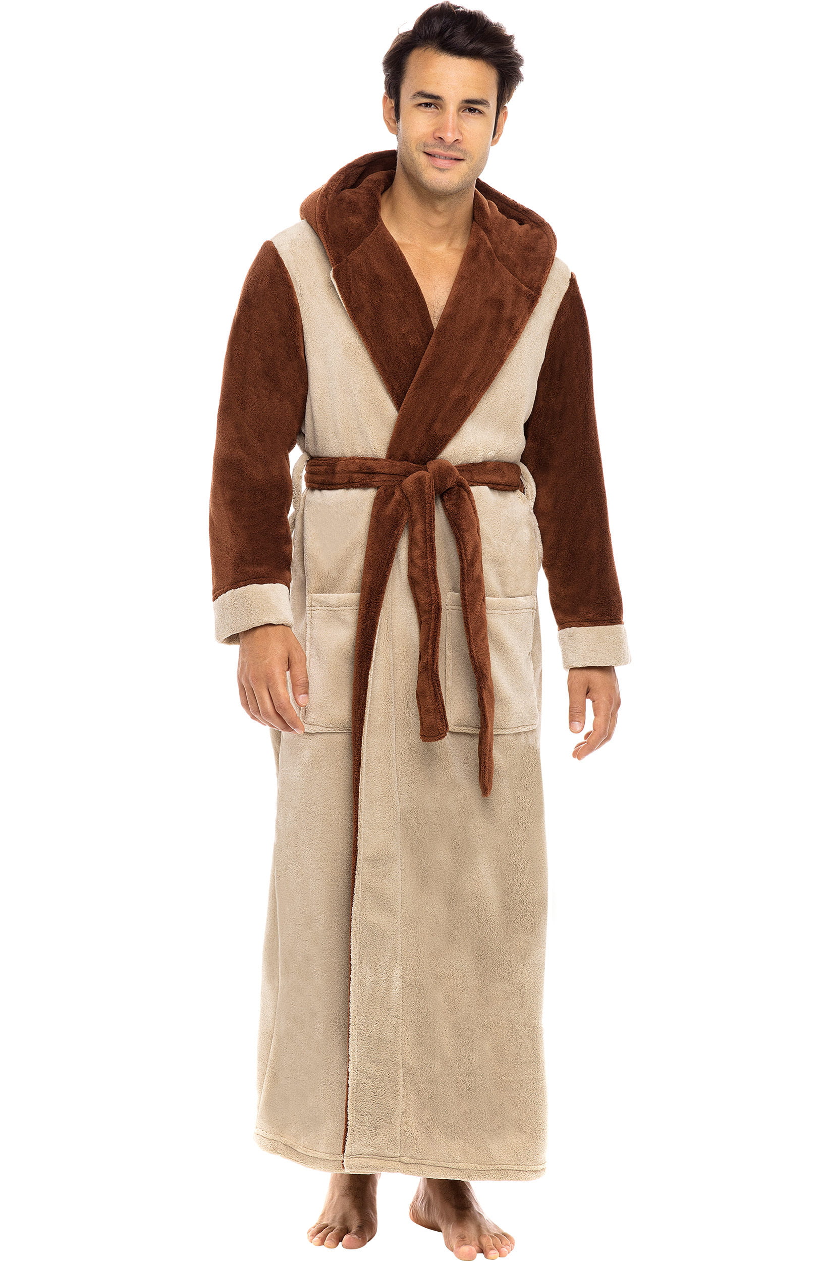 Alexander Del Rossa Men's Warm Fleece Robe with Hood Big and Tall Contrast Bathrobe 