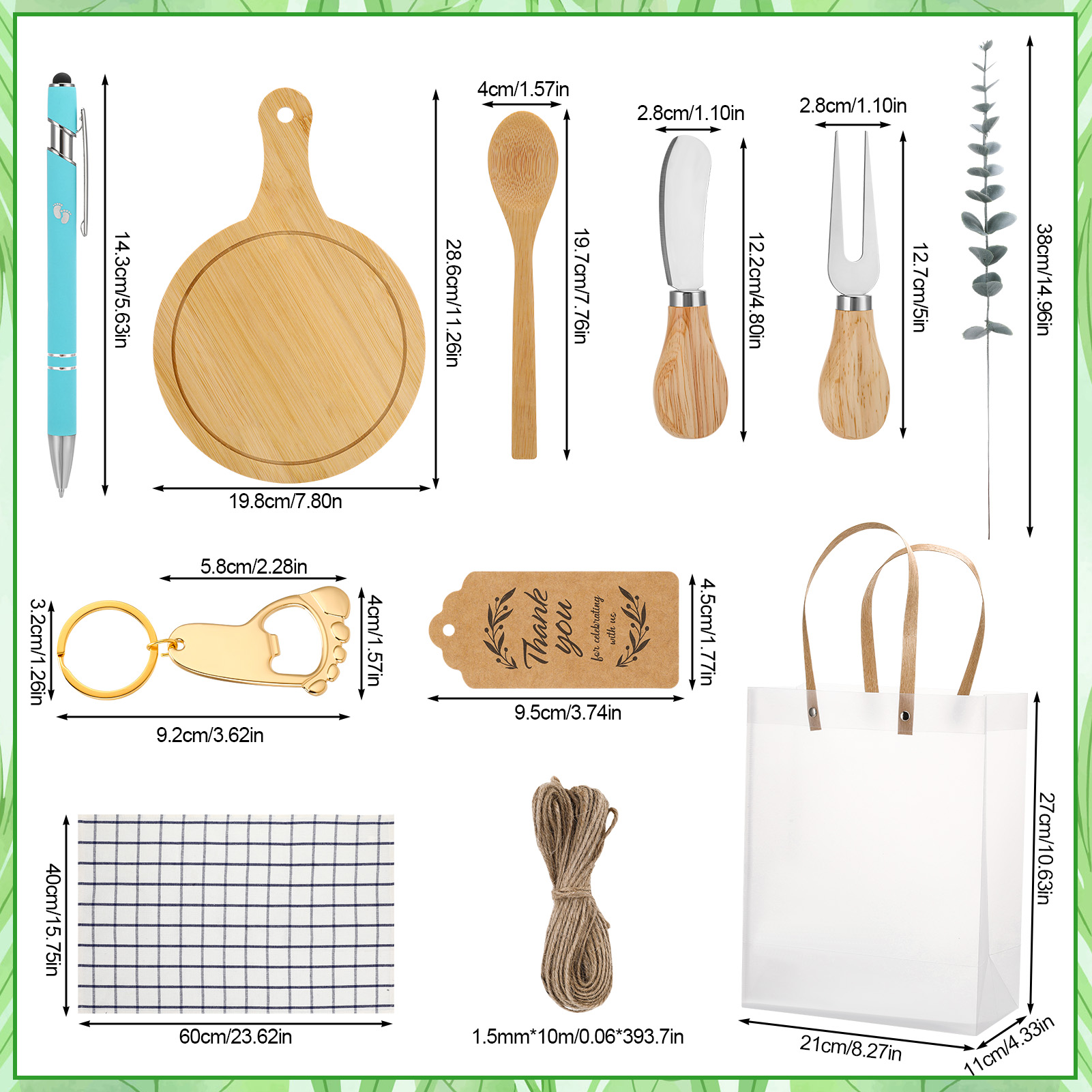 sixwipe 80 PCS Baby Shower Prizes for Game Winners, 6 Set Gift Bags with Cheese Boards,Spoons,Plaid Towels,Eucalyptus Stems,Thank You Cards,Perfect for Bridal Shower,Wedding