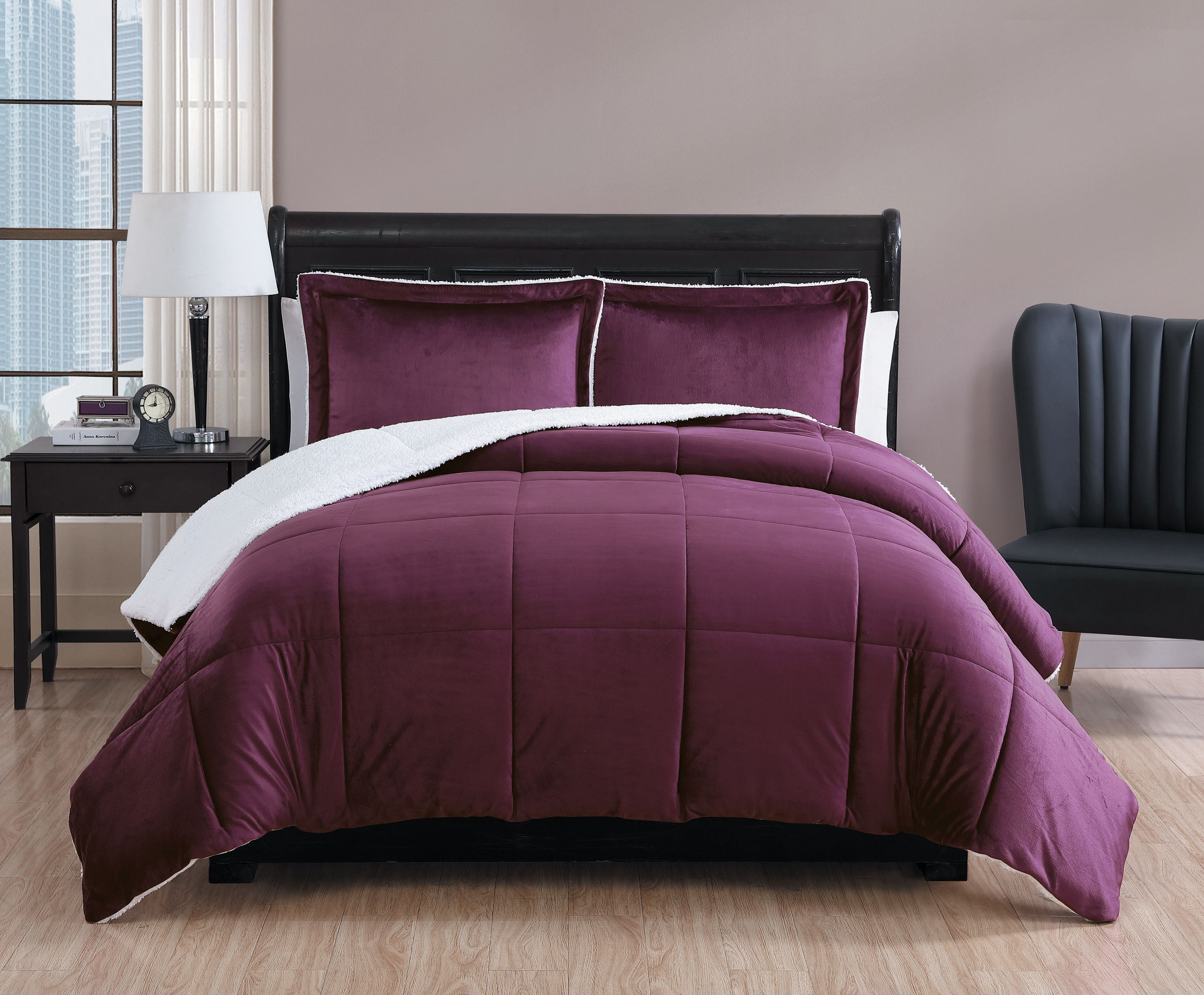 VCNY Home Micro Mink Sherpa 3Piece Comforter Set, King, in Purple