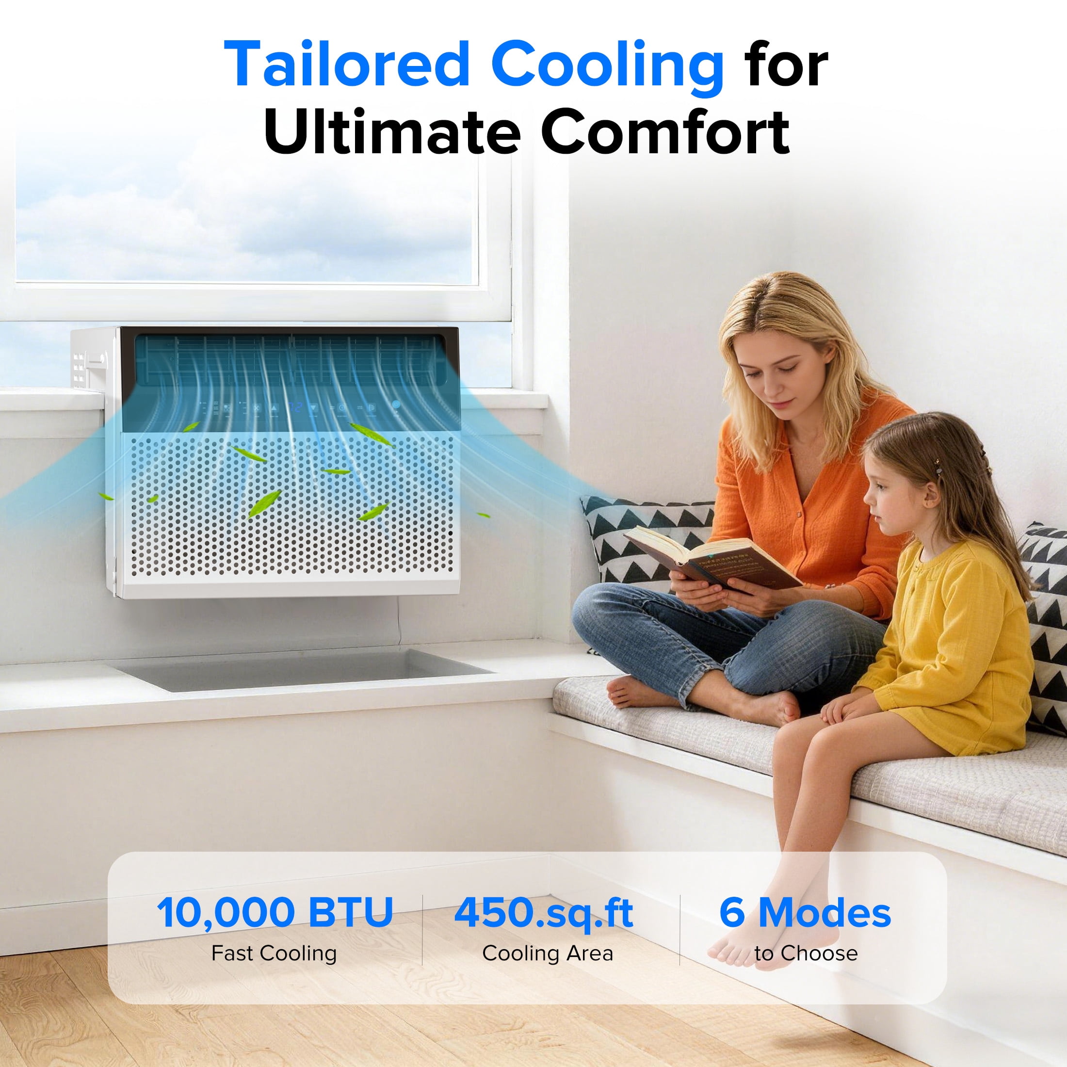 KISSAIR 10,000 BTU 450 Sq.ft Window Air Conditioner, 115V U-Shape Window Air Conditioner with 6 Cooling & 3 Fan Modes, White & Black