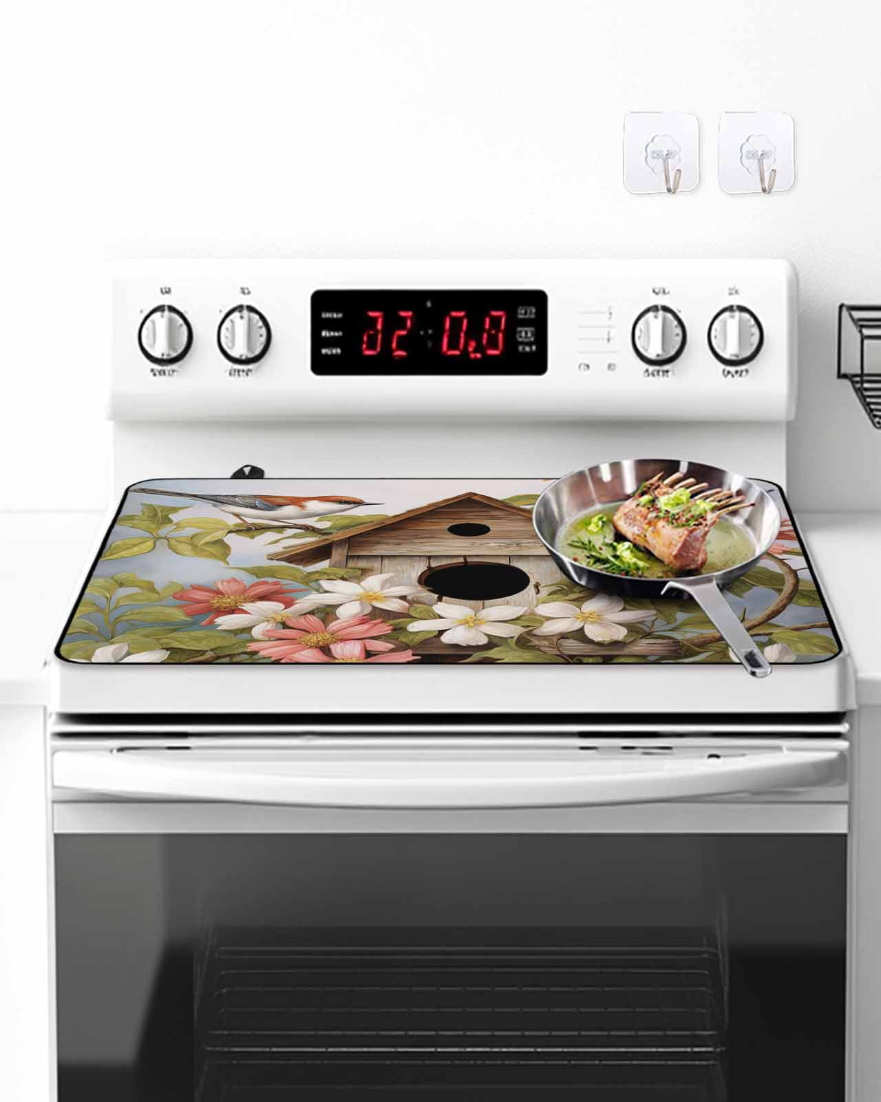 Stove Top Covers for Electric Stove, Birdhouse Vintage Glass Stovetop Cover Protector, Spring Floral Birds Botanical Induction Cooktop Protector Oven Mat for Kitchen Countertop 24"x21"