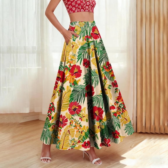 LEKWK Womens Maxi Skirt High Waisted Flowy Skirt Flared Maxi Skirt Tropical Floral Print Elastic Waist Casual Beach Summer Vacation Wear