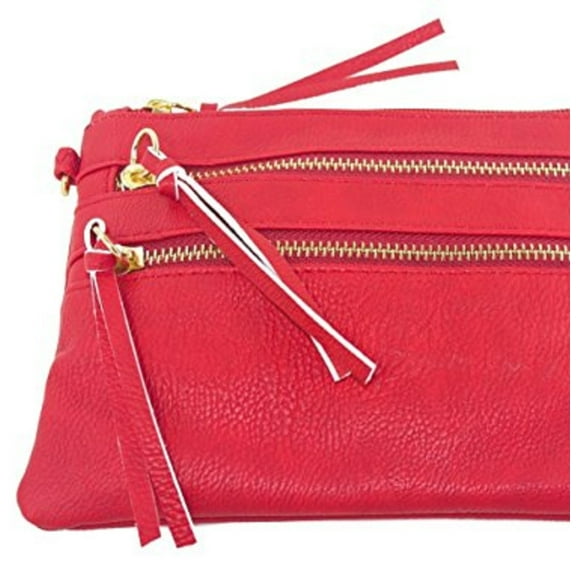 Beaute Bags Adult Women Mini 4-Zip Convertible Clutch Cross-Body Hand bag Vegan Leather Purse Wallet with detachable wrist strap and cross-body strap (Small, Red)