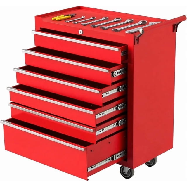 BeesClover Coffre à Outils à 6 Tiroirs avec Roues et Serrure, Armoire de Rangement Portative à Roulettes avec Doublures de Tiroir, Chariot Organisateur d'Outils Mobile Robuste pour Garage, Atelier