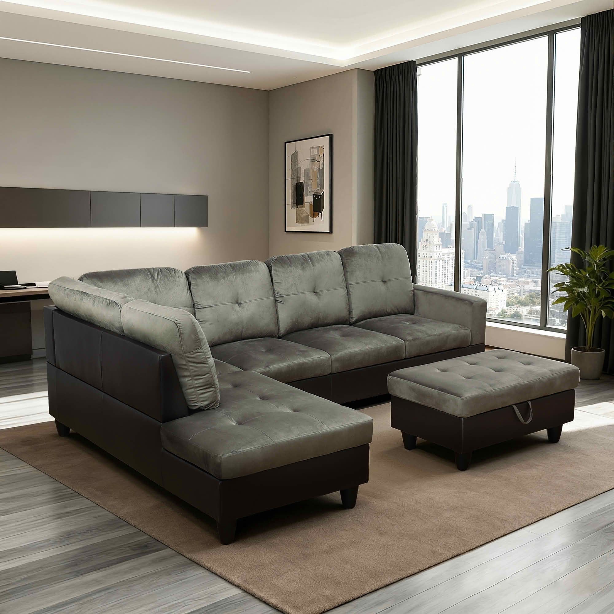 MAYEERTY 103.5" Taupe Flannel & PVC Faux Leather L-Shaped Sectional Sofa, 3 Piece Tufted Corner Couch with Storage Ottoman Solid Wood Frame