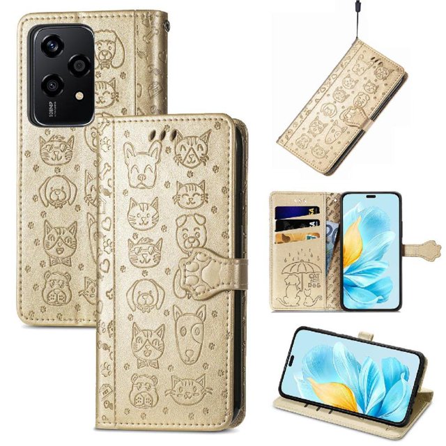 Funda Cartera FOXDOCK para Honor 200 Lite , Flip PU con Relieve de Gatos y Perros, Tarjetero y Soporte