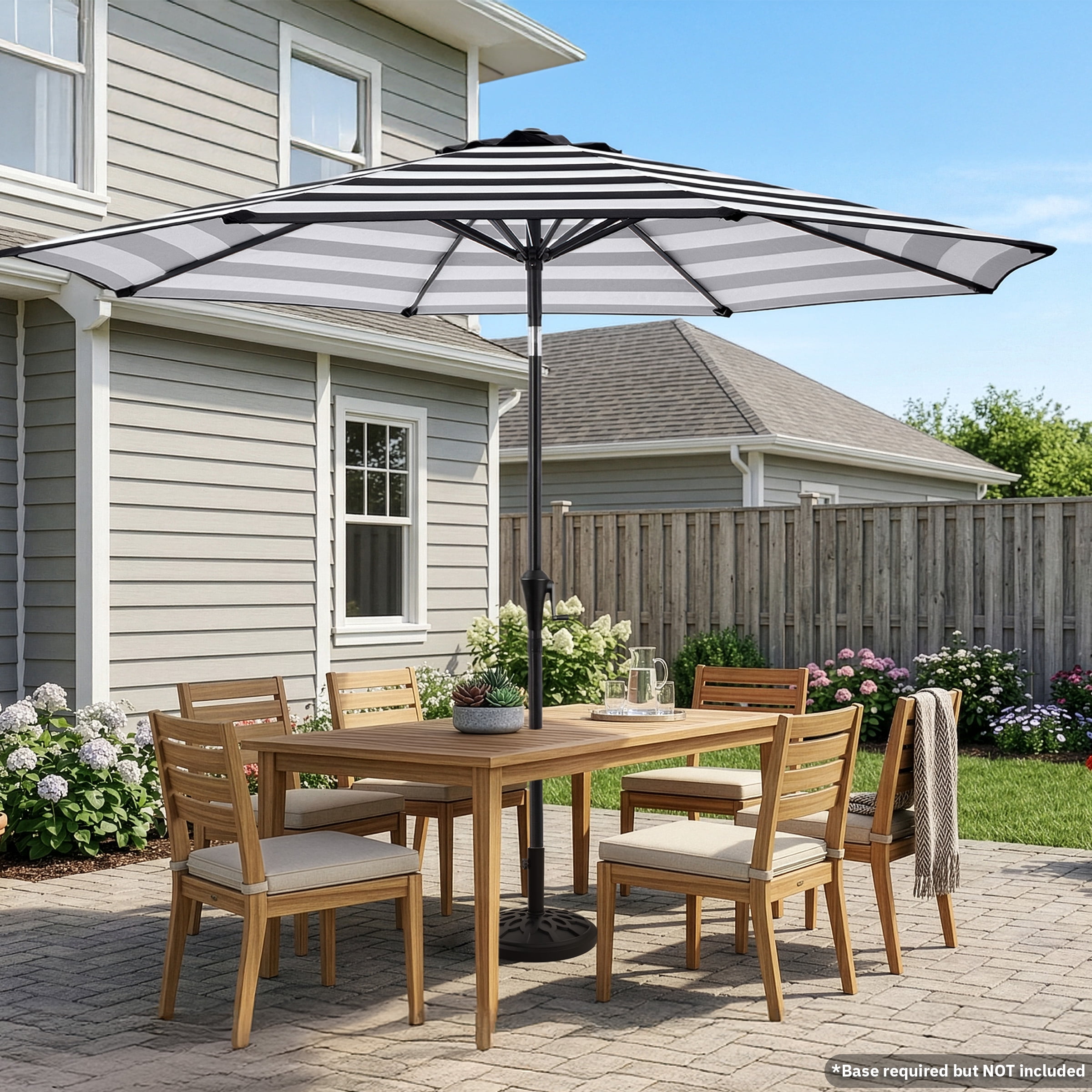 Pure Garden 9 Ft Striped Outdoor Patio Umbrella with Tilt, Black and White
