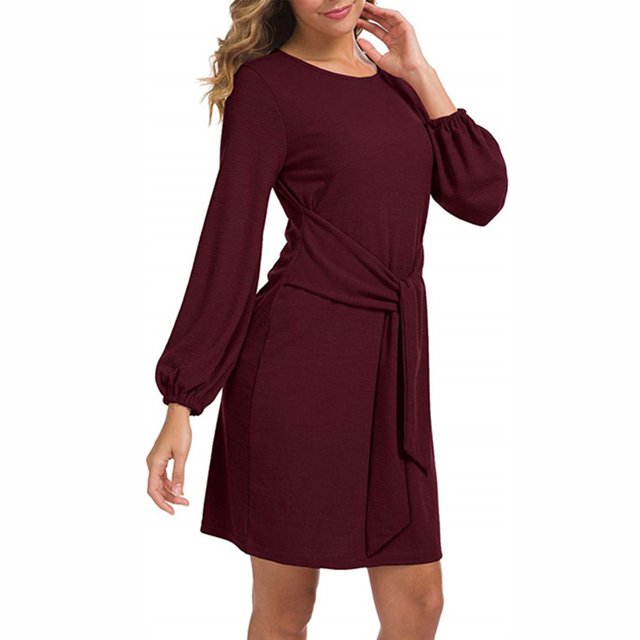 Vestido de cóctel, vestido corto de manga larga tipo farol, vestido corto de manga larga tipo farol, vestido con lazo en la cintura, diseñado para profesionales