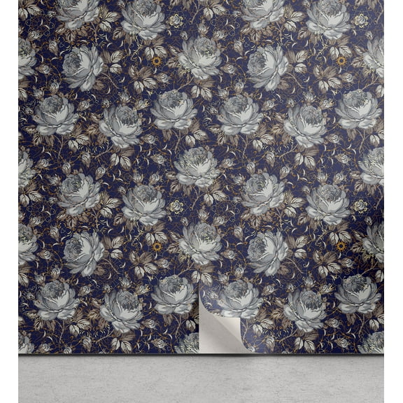Ambesonne Floral Peel & Stick Wallpaper for Home, Vintage Romantic Roses Print, 13"x36", Dark Violet Marigold and Grey