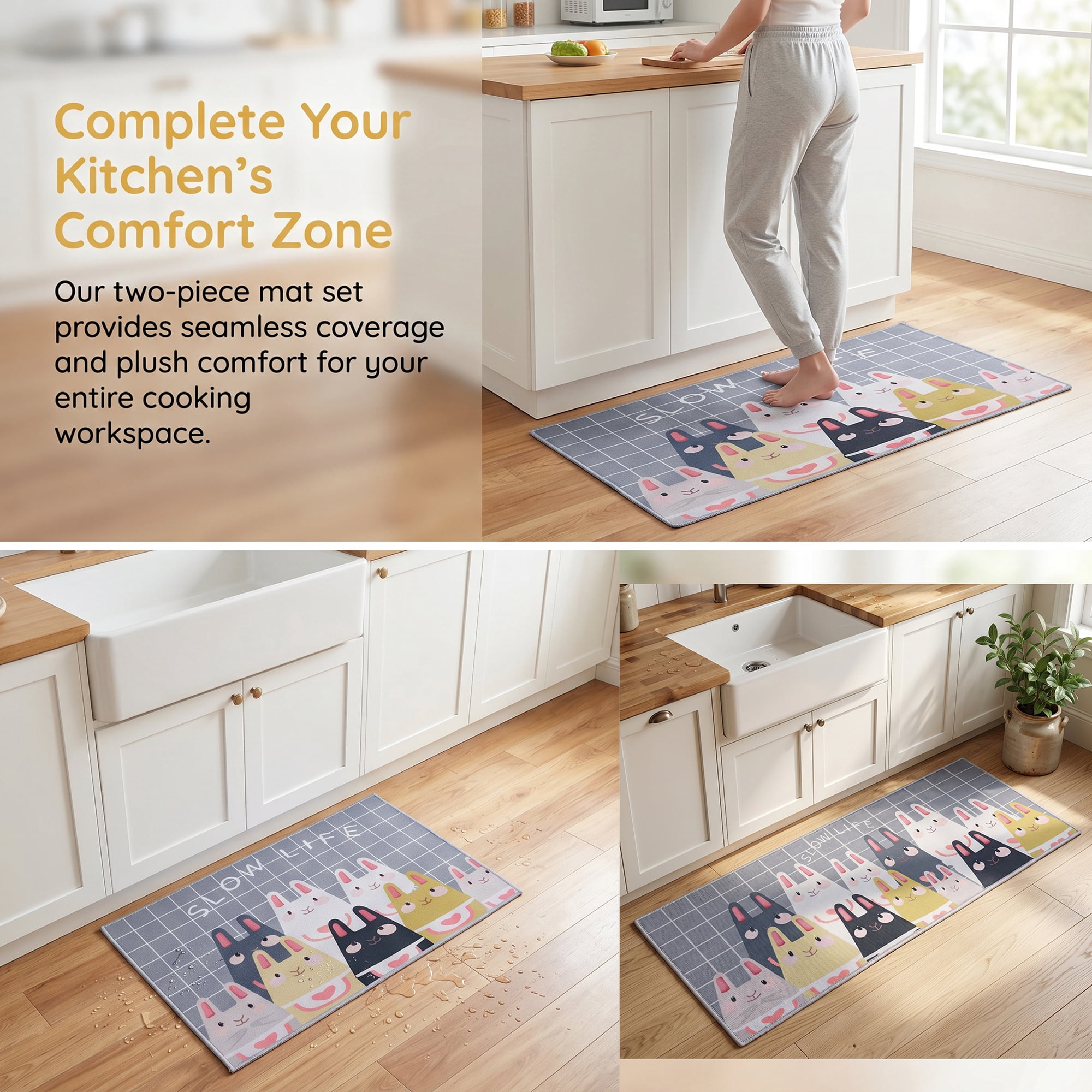 Unique Bargains Non Slip Cat Floral Printed Kitchen Rugs and Mats Gray 24"x16"+47"x16"