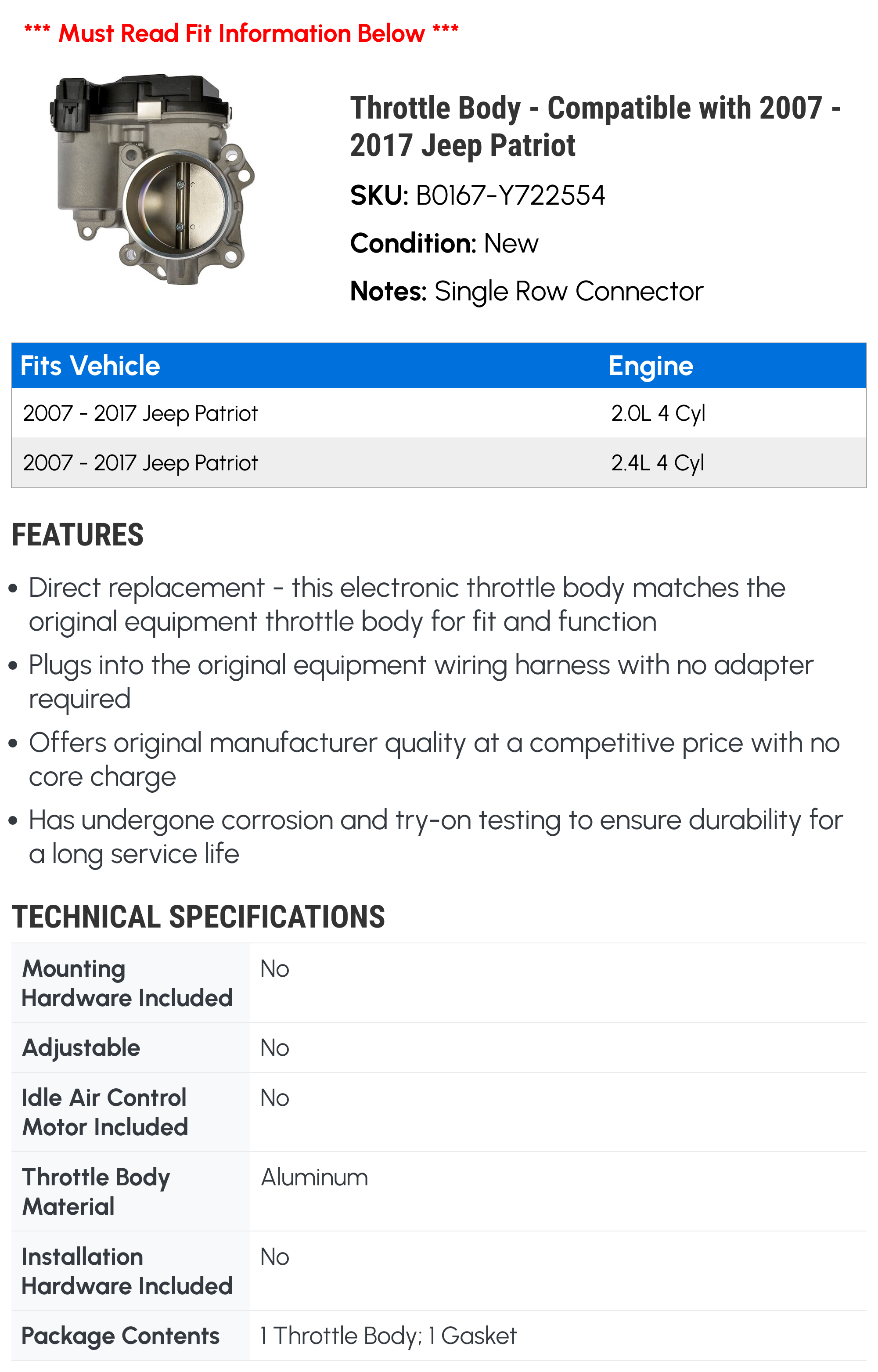 Throttle Body - Compatible with 2007 - 2017 Jeep Patriot - Dorman