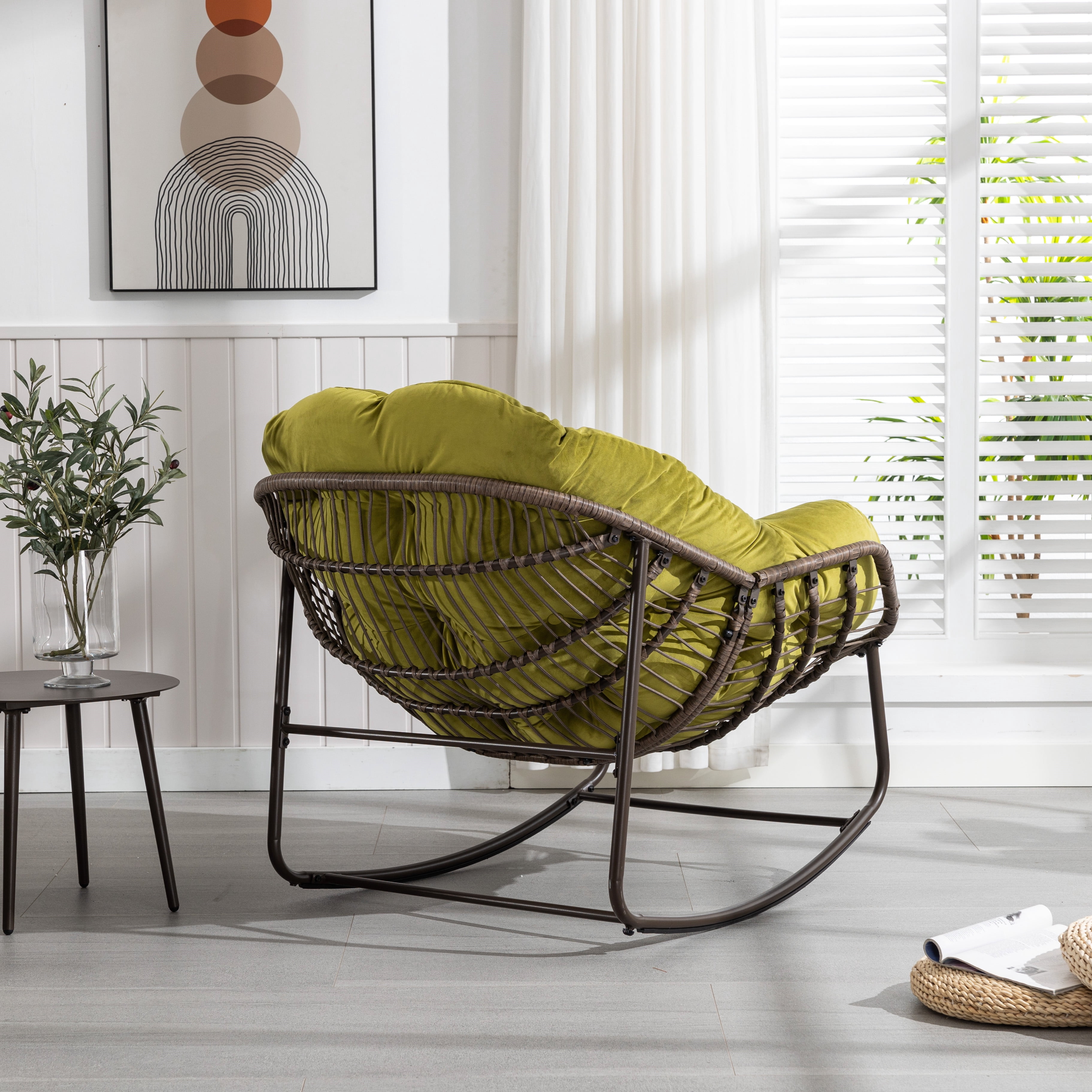 MOONMISS Rattan Rocking Chair, Indoor & Outdoor Comfy Rocker Chair with Thick Cushion, Modern Lounge Chair for Balcony, Porch, Garden, Backyard, Deck, Olive