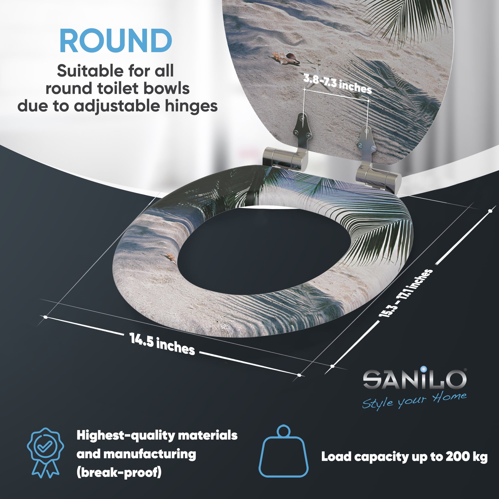 Sanilo Soft Close Toilet Seat ROUND, Quiet and Slow Close Lid and Seat, Strong Bumpers and Hinges, Beach