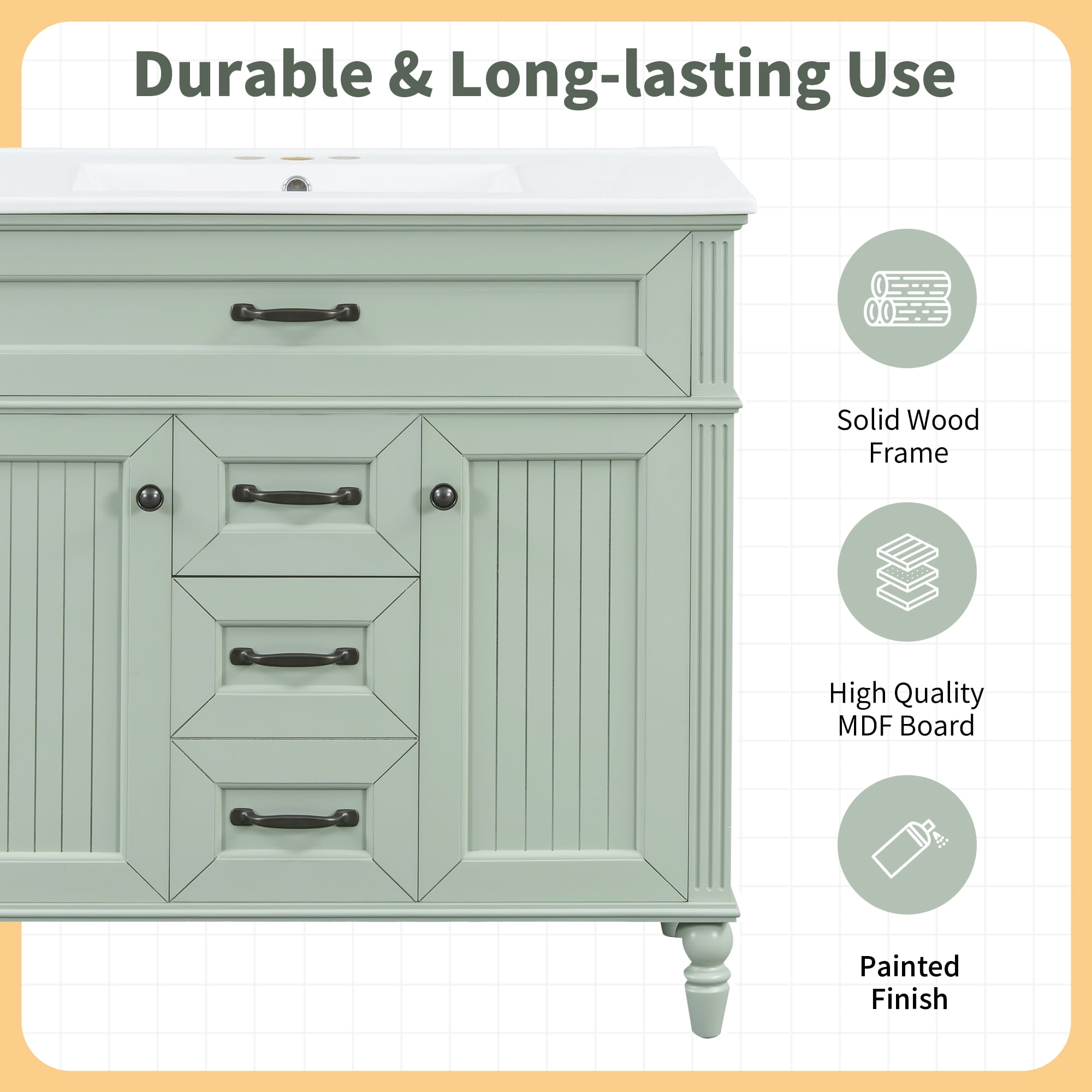 Euroco 36 Inch Bathroom Vanity with Sink Combo, Green Freestanding Cabinet with Ceramic Basin, MDF + Solid Wood Frame, Flip-Out Top Drawer, Soft Close Doors, 2 Storage Drawers, Black Handles