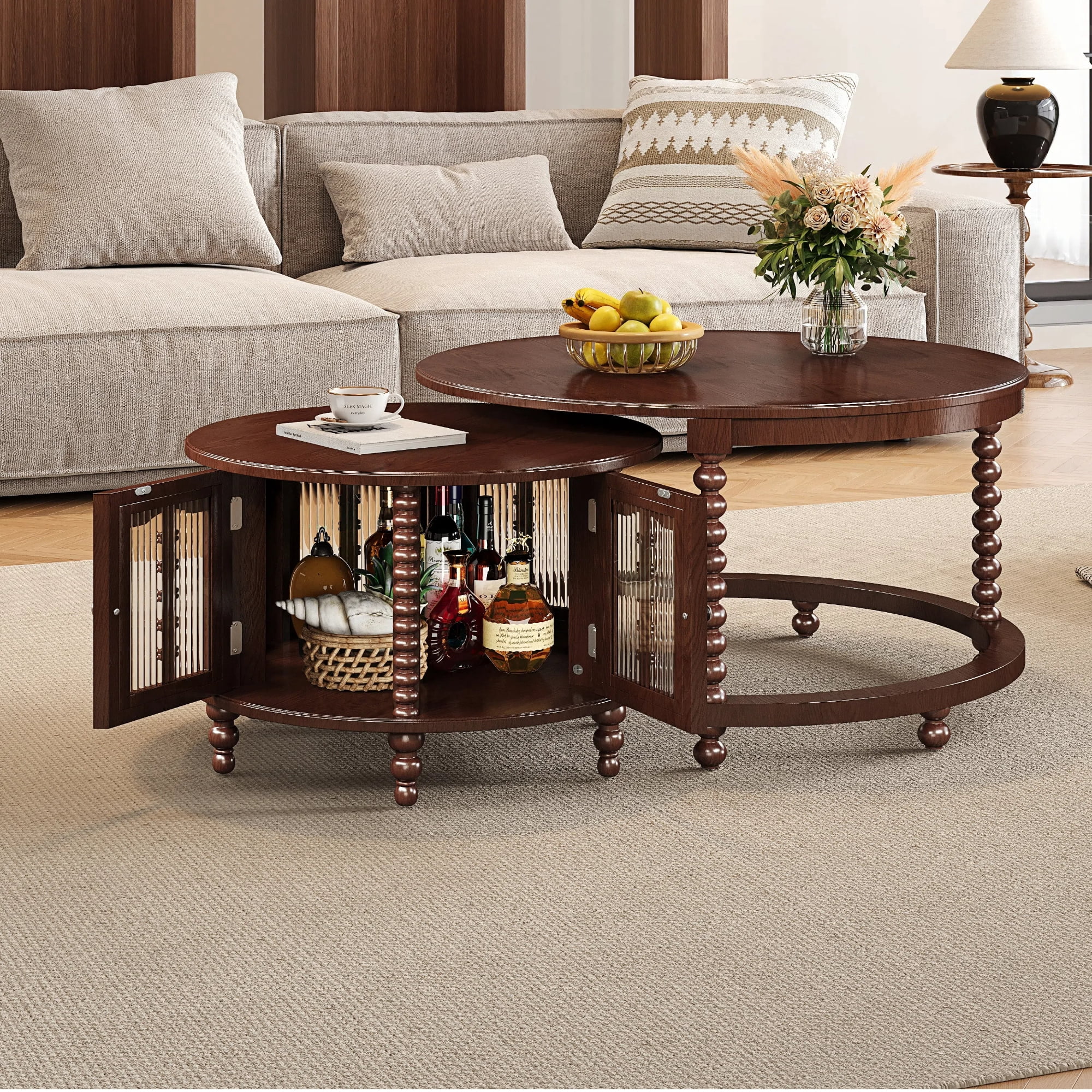 Euroco Vintage Round Nesting Coffee Table, Six Bamboo-shaped Decorative Glass Doors, Retro Beaded Legs, Walnut, 31.5"