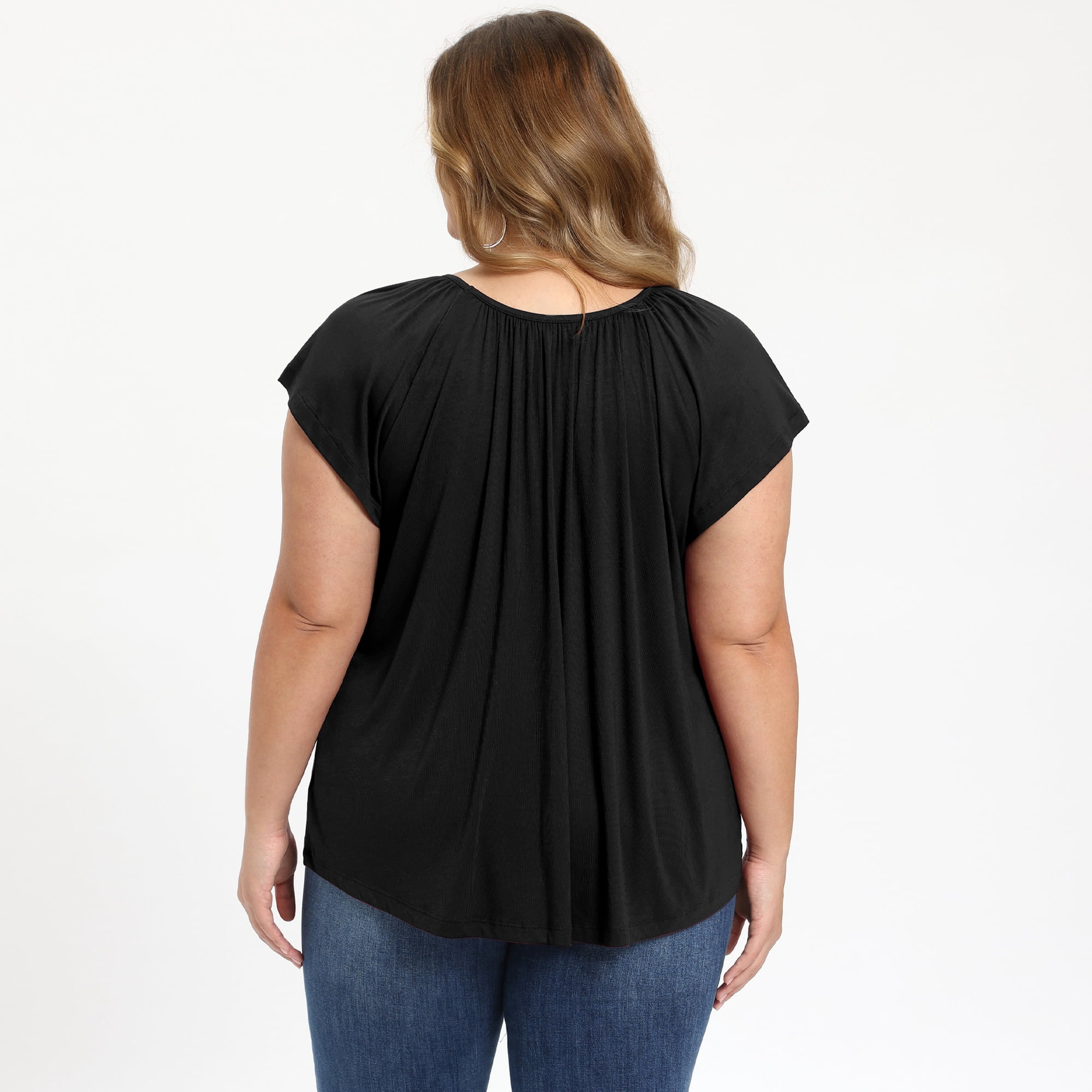 DARING DIVA Women's Plus Soft Blouse Pleated Ruffle Sleeve Round Neck Loose Tops 2X Black