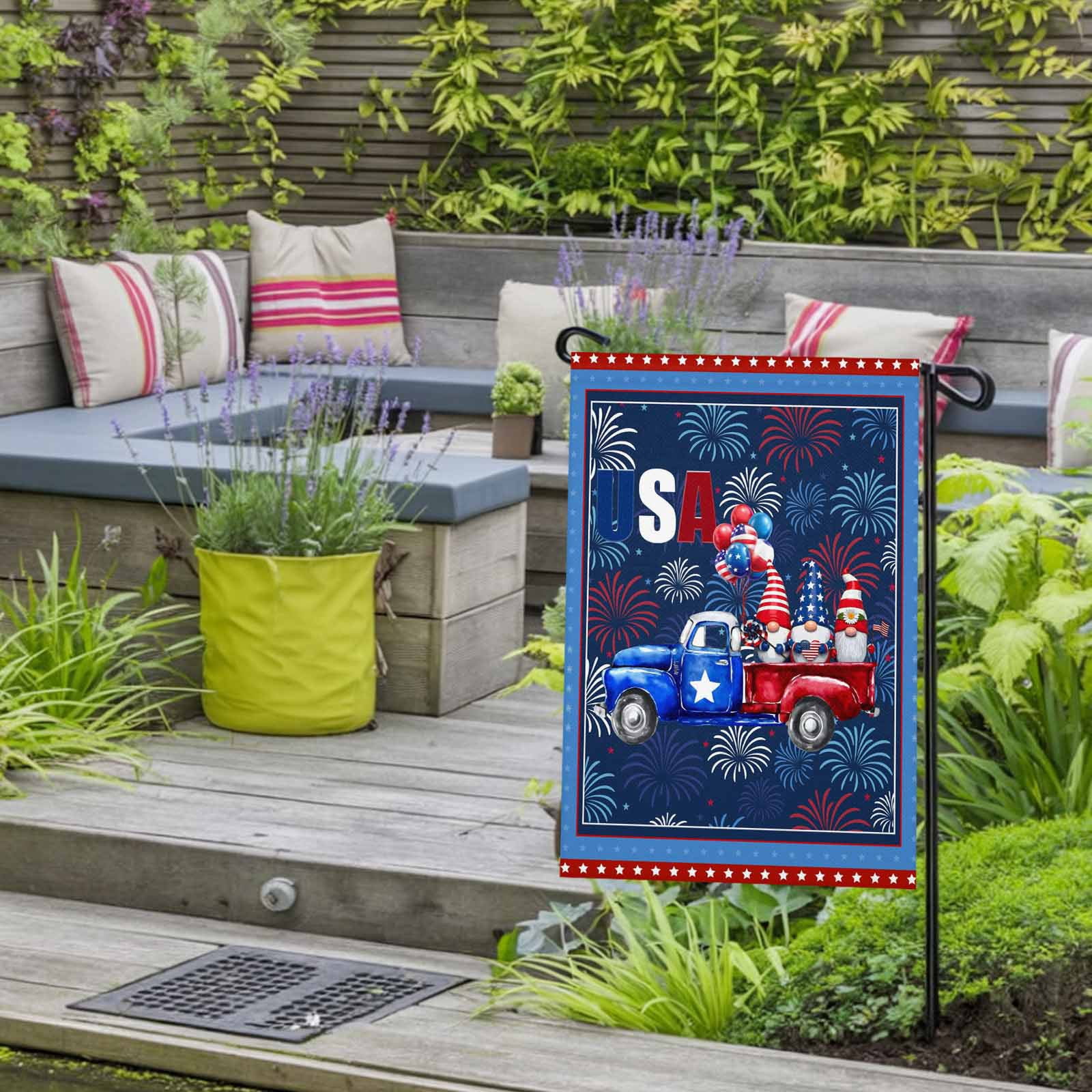 4th of July Garden Flags Patriotic Gnome Truck Garden Flag Double Sided Welcome Flag USA Flag Stars Balloon Independence Day Yard Flags for Outdoor Lawn Porch Memorial Day Holiday Decor 28x40 Inch