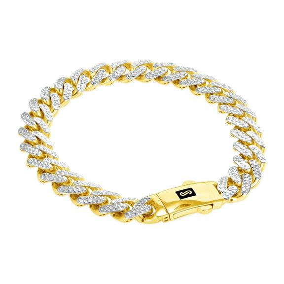 Nuragold 10k Real Yellow Gold Royal Monaco 9mm Miami Cuban Diamond Cut Pave Link Bracelet (7"-9") Two Tone Italian Jewelry for Men