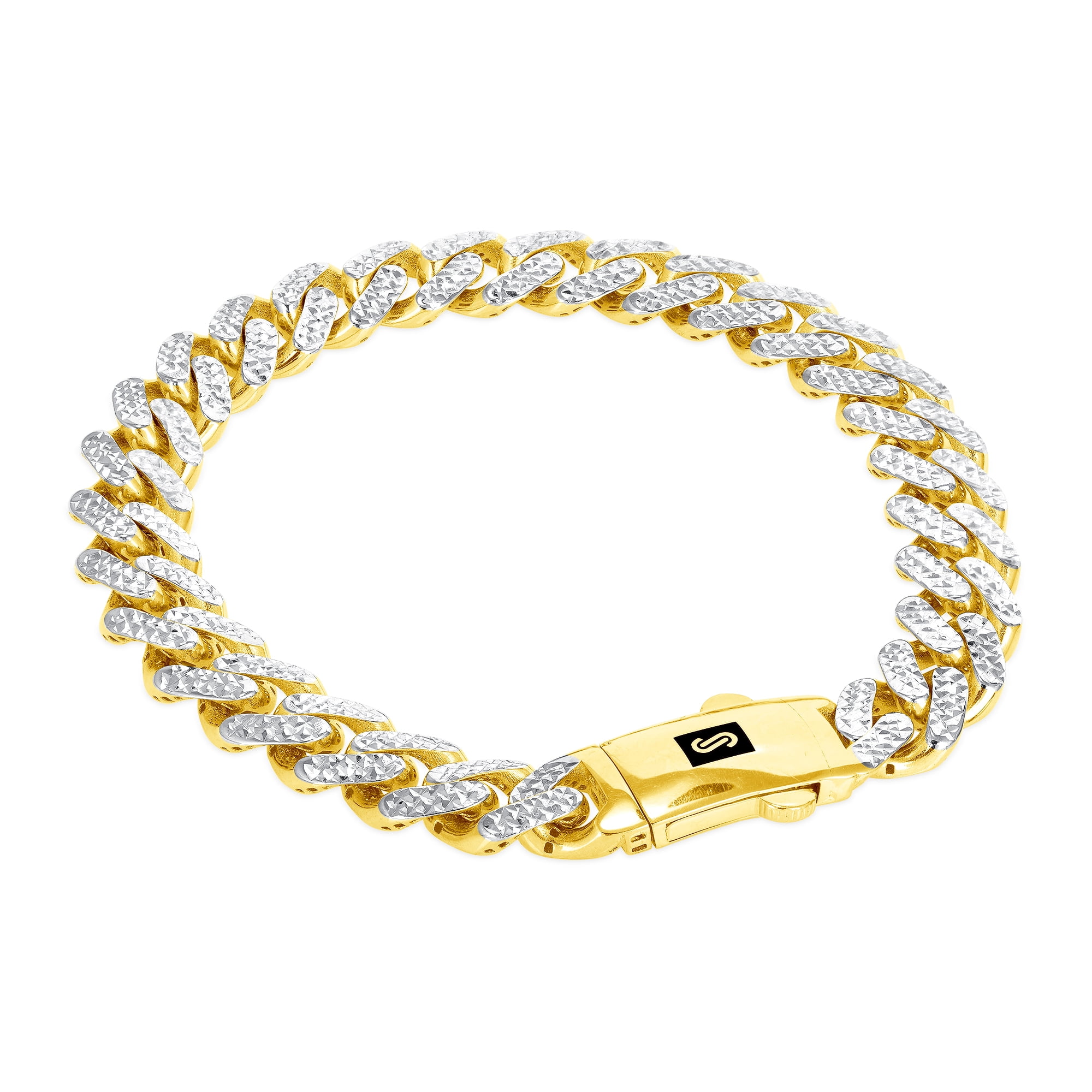 Nuragold 10k Real Yellow Gold Royal Monaco 9mm Miami Cuban Diamond Cut Pave Link Bracelet (7"-9") Two Tone Italian Jewelry for Men