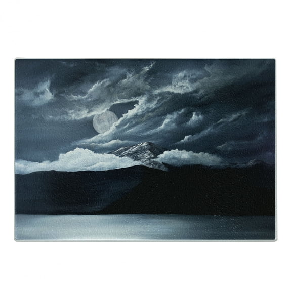 Landscape Cutting Board, Moon over Lake and Hills with Dark Storm Clouds Twilight Times Dawn at Night Print, Decorative Tempered Glass Cutting and Serving Board, Small Size, Grey, by Ambesonne