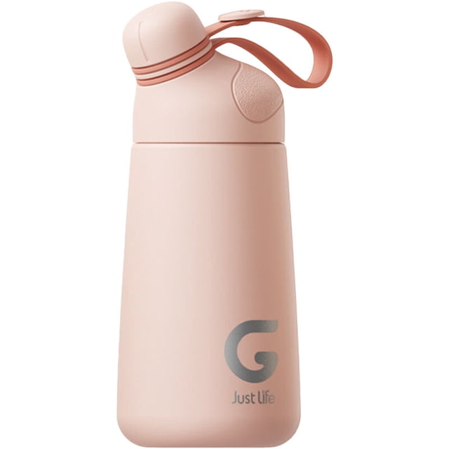termos portátiles pequeños para niños y niñas, lindos y simples, botella de agua mori, tendencia de moda creativa, taza práctica rosa — Vista frontal centrada de termo infantil rosa mate de 400 ml con silueta cónica, tapa con boquilla redondeada y correa de transporte superior; cuerpo de acero inoxidable 304 con detalle texturizado junto a la rosca; fondo blanco neutro; suele utilizarse para llevar agua, jugo o té en la escuela, viajes y actividades al aire libre.
