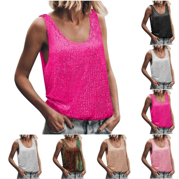 FRSASU Womens Sparkly Sequins Tank Tops Fashion Glitter Solid Color Sleeveless Round-Neck Loose Casual Vest White XL(XL)