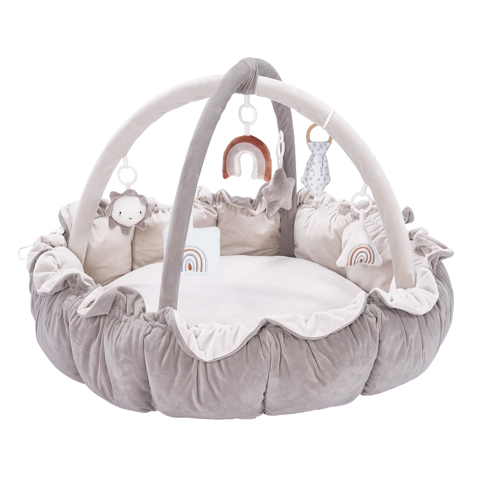 5-in-1 Convertible Baby Play Gym, Double Sided Baby Nest with 6 Removable Hanging Toys