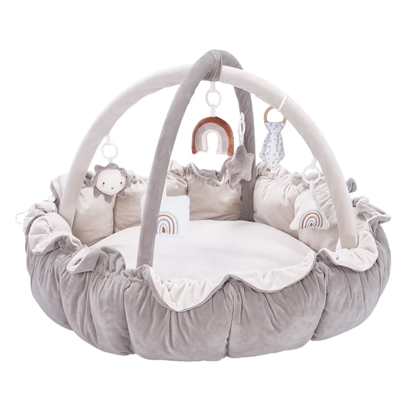 5-in-1 Convertible Baby Play Gym, Double Sided Baby Nest with 6 Removable Hanging Toys