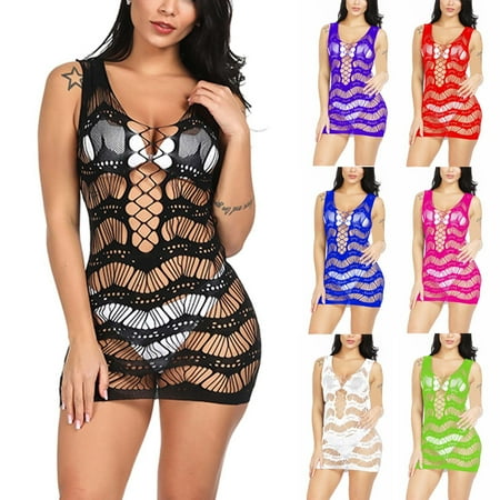 Fall Savings USSUMA Lingerie for Women  Sexy Womens Lingerie Fishnet Seamless Mesh Netting Chemise Hollow Out Perspective Dress Sleepwear Nightwear Nightdress on Clearance up to 50% off Black One Size