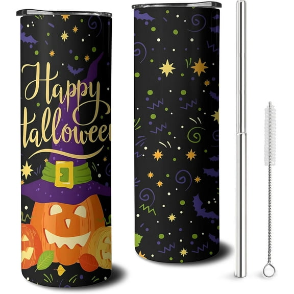 20oz Halloween Skinny Tumbler with Lid and Straw, Stainless Steel Insulated Gohst Pumpkin Cup Halloween Skeleton Coofee Mug Gifts for Women Men