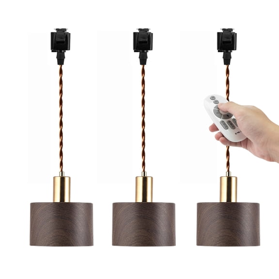 Kiven 3-Light J-Type track lighting pendants,Modern J track pendant lights with Remote Control Dimmer,Decorative Track Lighting Fixture,Wood Lampshade