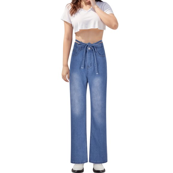 SRZYMJ Stretch Denim Jeans Women High Waist Women's Denim Trousers with Adjustable Tie Comfortable Straight Wide Leg Design for