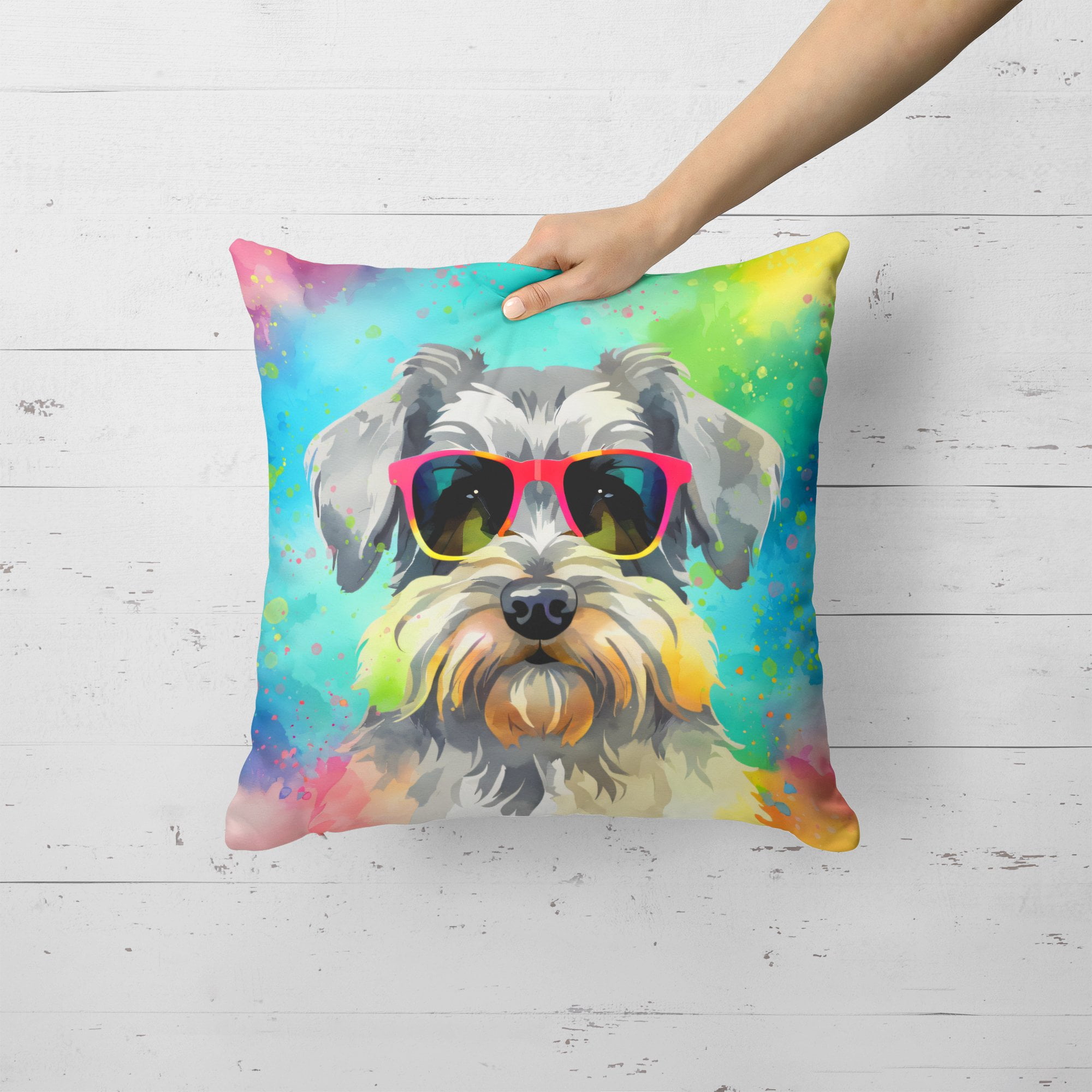 Schnauzer Hippie Dawg Fabric Decorative Pillow 18 in x 18 in