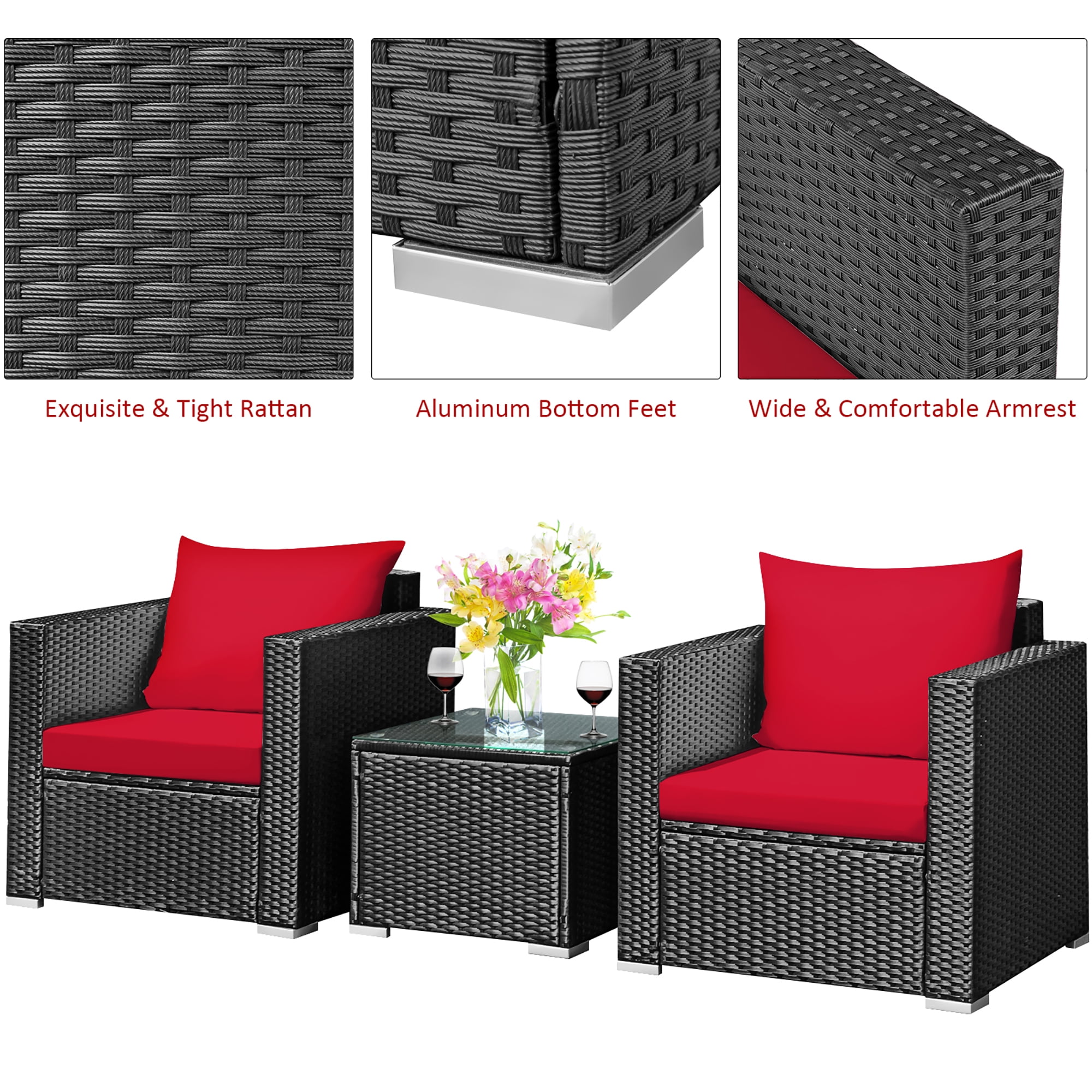 Costway 3PCS Patio Rattan Wicker Furniture Set Sofa Table W/Cushion Yard Red