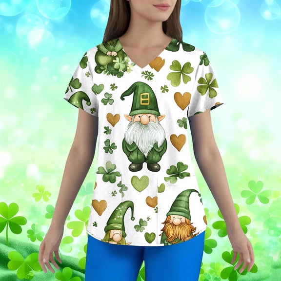 Gamivast Plus Size St Patricks Day Women Scrubs s Clover Graphic V-Neck Short Sleeve Nursing Scrubs Lightweight Scrubs s Funny Print Medical Top Workwear