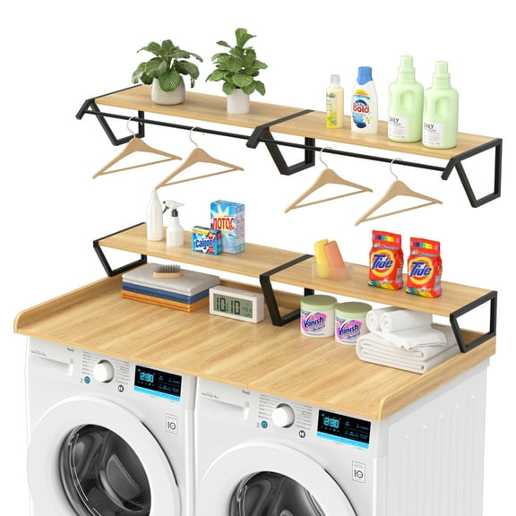 Advwin 54" Washer Dryer Countertop with Hanging Rod & Storage Shelves, Laundry Room Countertop Set, Washer and Dryer Topper with Anti-Slip Pads, Natural