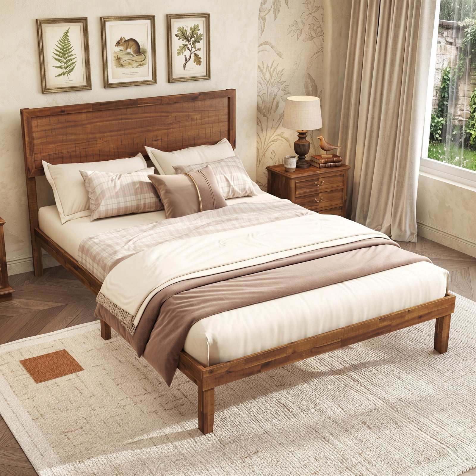 Furnibear Queen Bed Frame with Headboard, Wood Platform Bed Frame with High Panel Headboard and Wooden Slat Support for Bedroom, Walnut
