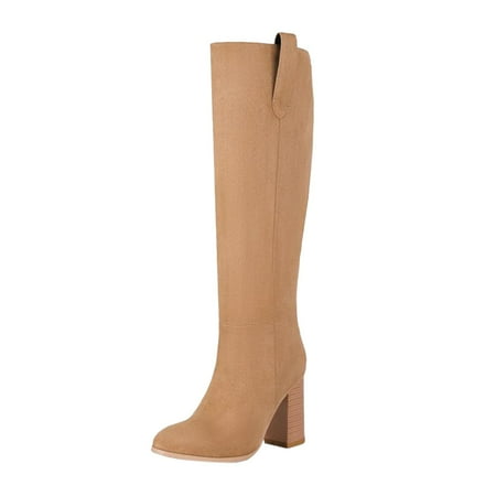 

Ediodpoh Women s Autumn and Winter Fashion Round Head High Heel Suede Boots Solid Color Non on Boots Women Boots Khaki 9