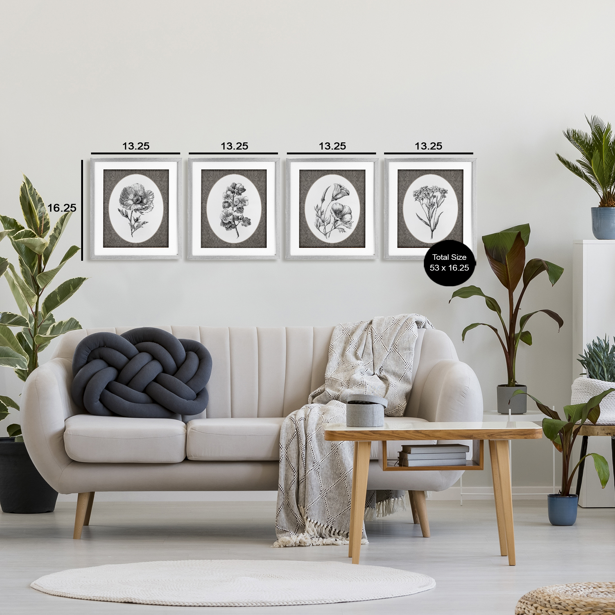 Ornate Blooms over Damask 4 Piece Gray Framed Print Under Glass Set, design by Lettered and Lined