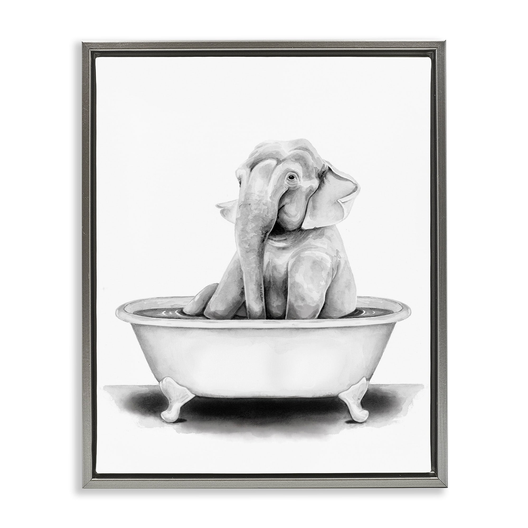 Stupell Industries Elephant In A Tub Funny Animal Bathroom Drawing Luster Gray Framed Floating Canvas Wall Art, 24x30, by Rachel Neiman