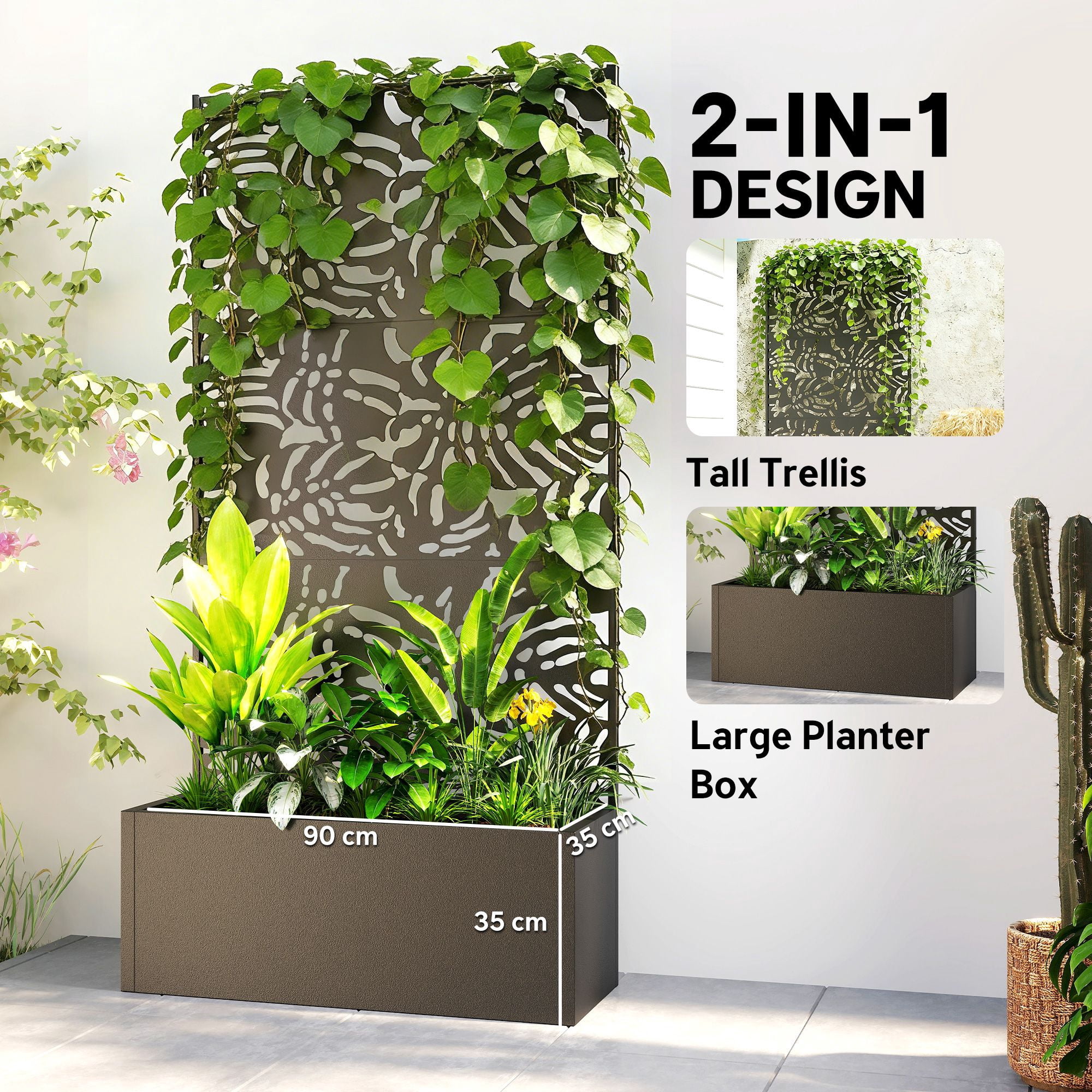 Alvantor Metal Privacy Screen with Planter Box,Freestanding Decorative Privacy Fence Screen with Trellis for Outdoor Gray