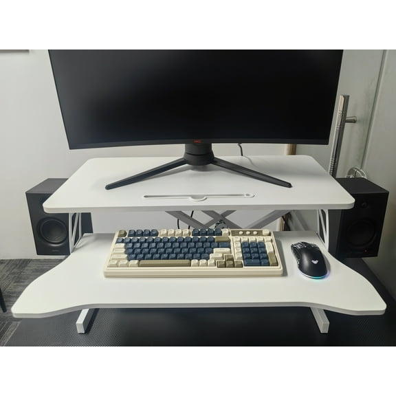 32" Height Adjustable Standing Desk Converter Riser, Sit to Stand Dual Monitor Desktop Workstation with Extra Wide Keyboard Tray, Ergonomic Laptop Desk Riser for Home Office, White