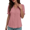 thumbnail image 2 of CAIVO Women Summer Short Sleeve Shirt Fashion Hollow Out Blouse With Pocket V-Neck Casual Relaxed Fit Solid Color Back To School Tops, 2 of 5