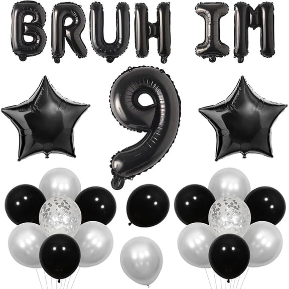 Bruh It's My 9th Birthday Decorations Black Bruh Its My Birthday Decorations Bruh I'm 9 Foil Balloon Banner Star Balloon Happy 9th Birthday Decor for Funny Bday Party Supplies