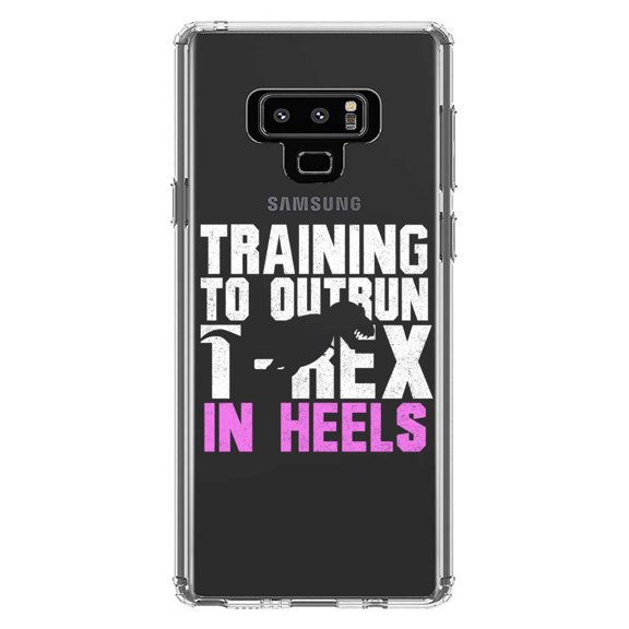 DistinctInk Clear Shockproof Hybrid Case for Samsung Galaxy Note 9 - TPU Bumper Acrylic Back Tempered Glass Screen Protector - Training to Outrun T-Rex in Heels